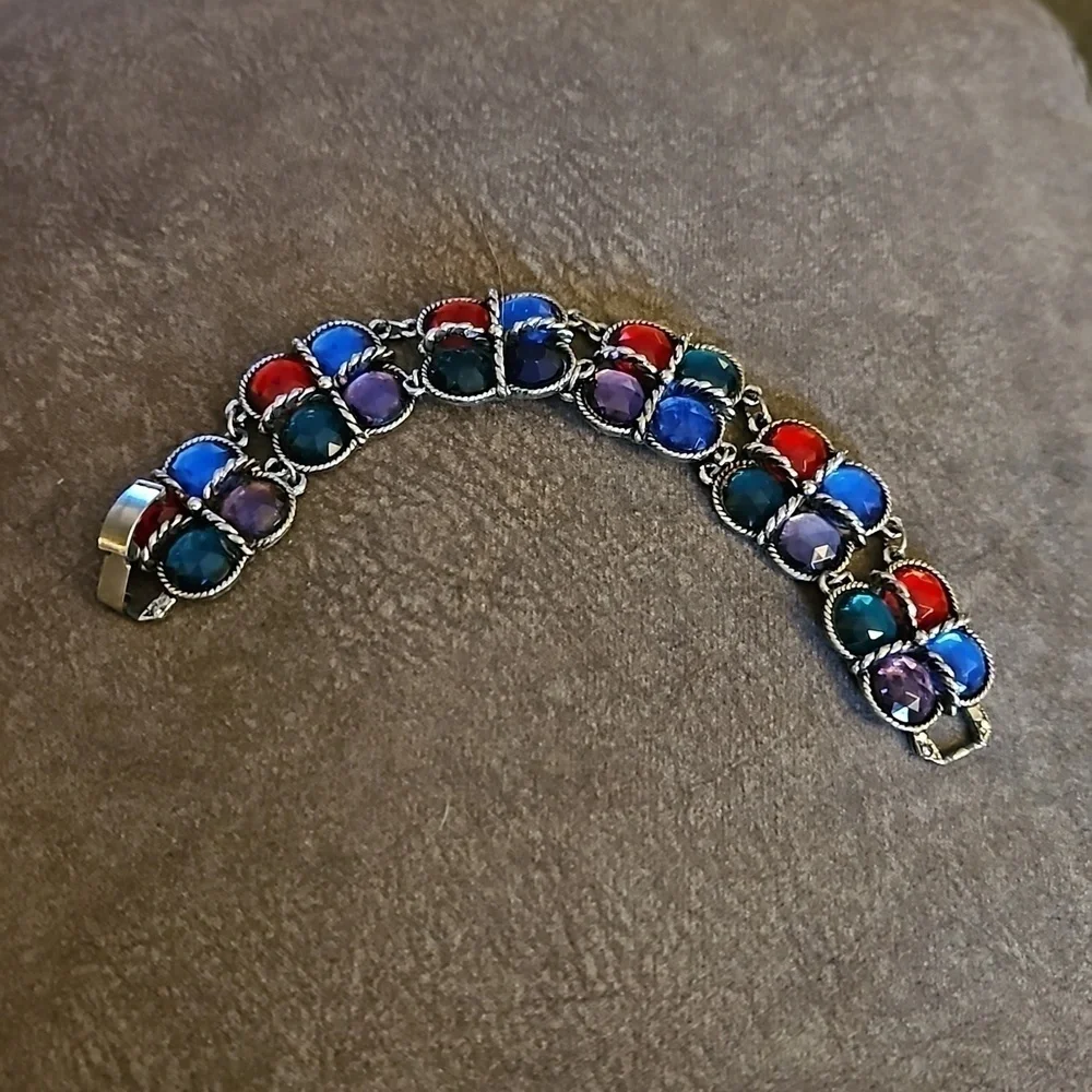 Vtg 1980s Medieval Fantasy Rainbow Acrylic Gem Chunky Bracelet